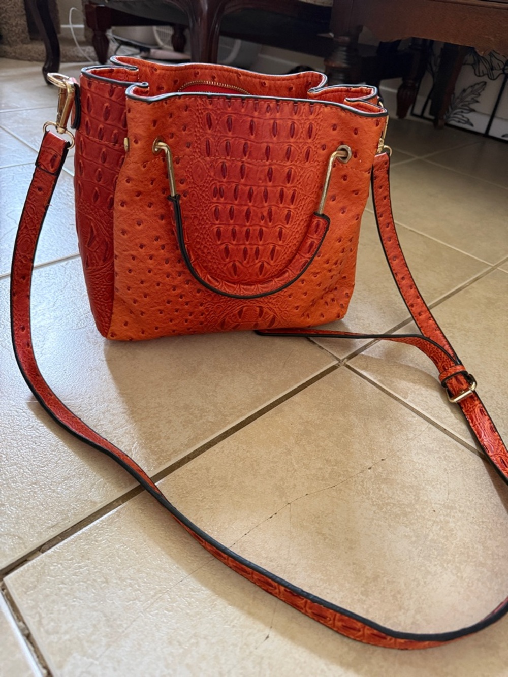 Orange Crocodile Embossed Textured Crossbody Bag with Adjustable Strep